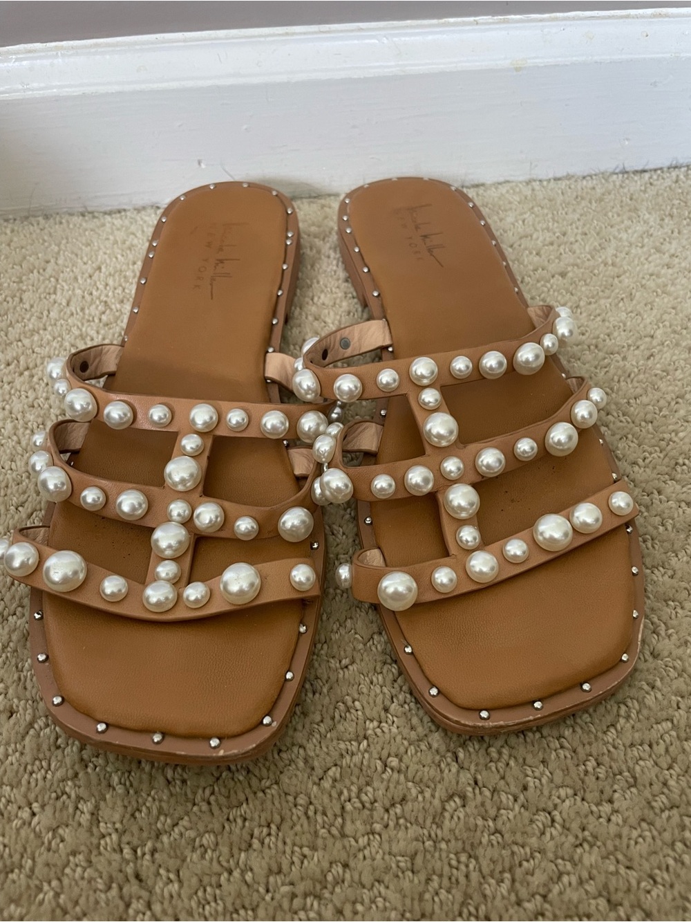 Nicole Miller Tan Pearl-Embellished Slide Sandals